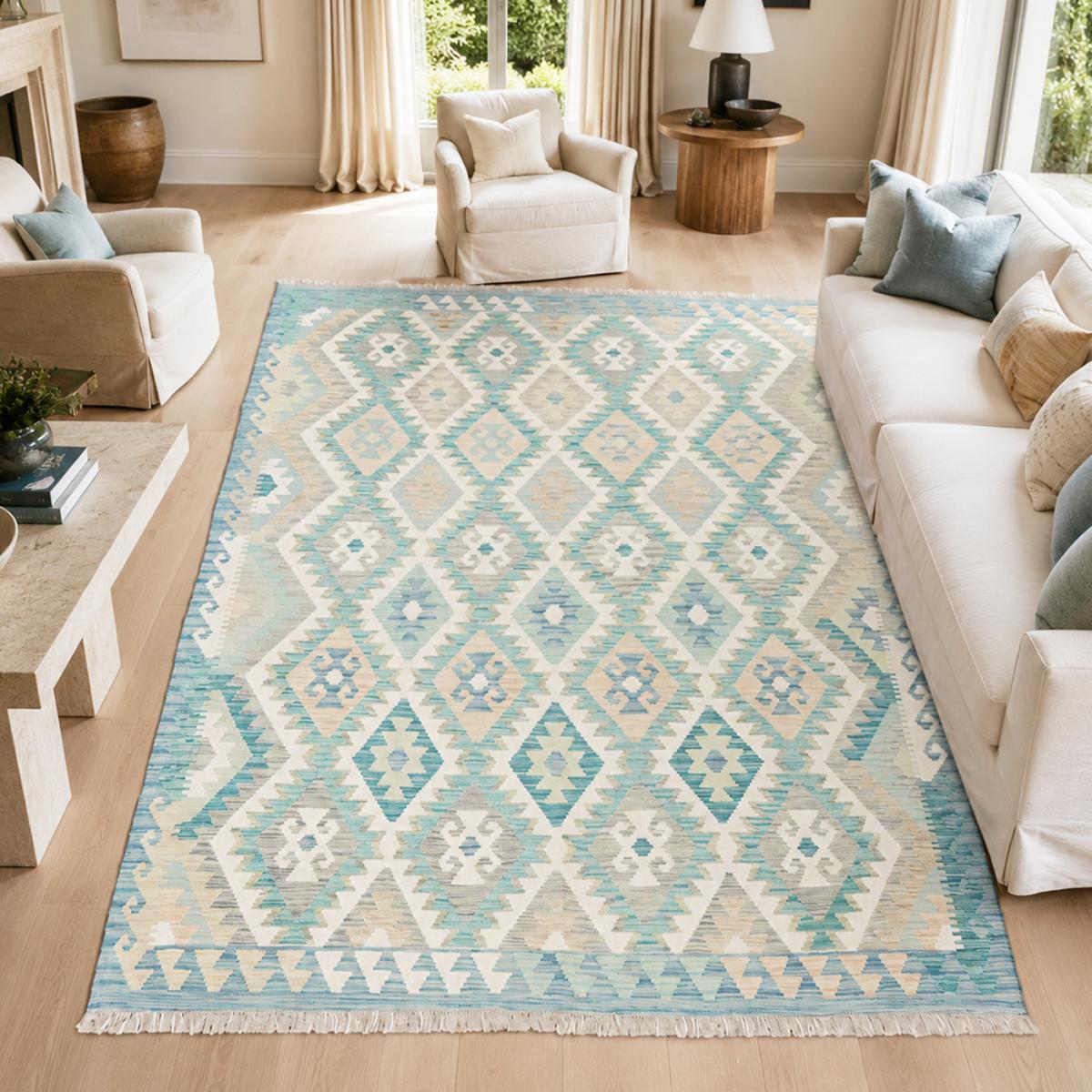 Tapis kilim, motif géométrique authentique, tissé à plat, KILIM 62 bleu, beige, crème, UN AMOUR DE TAPIS