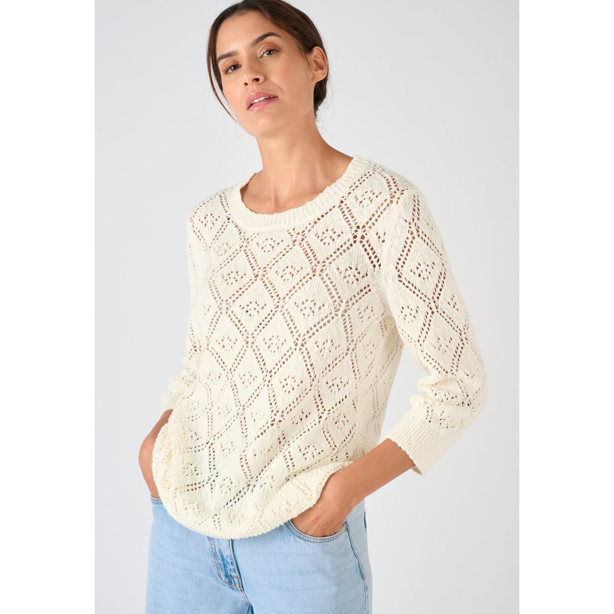Pull ajouré fil ruban blanc cassé, DAMART