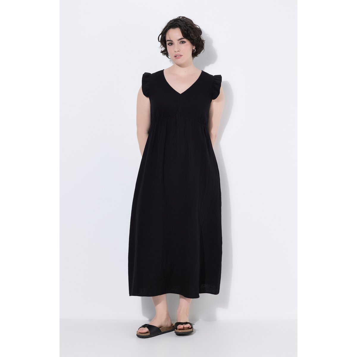 Robe longue, coupe A, col V noir, ULLA POPKEN