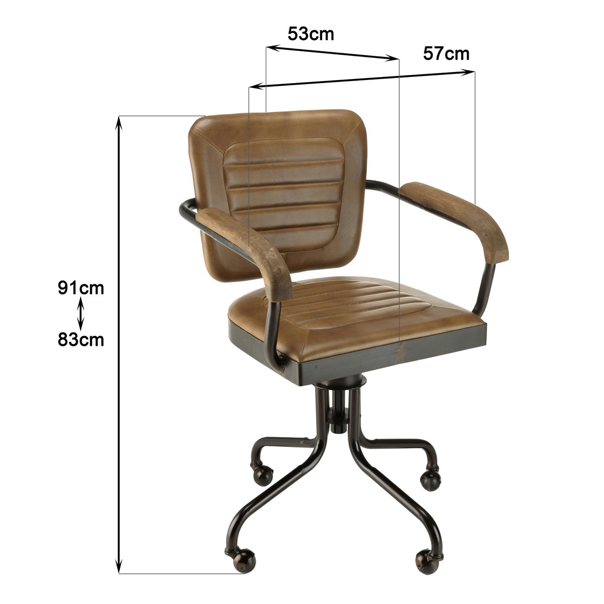 Fauteuil de bureau à roulettes cuir havane et bois TIM marron, PIER IMPORT