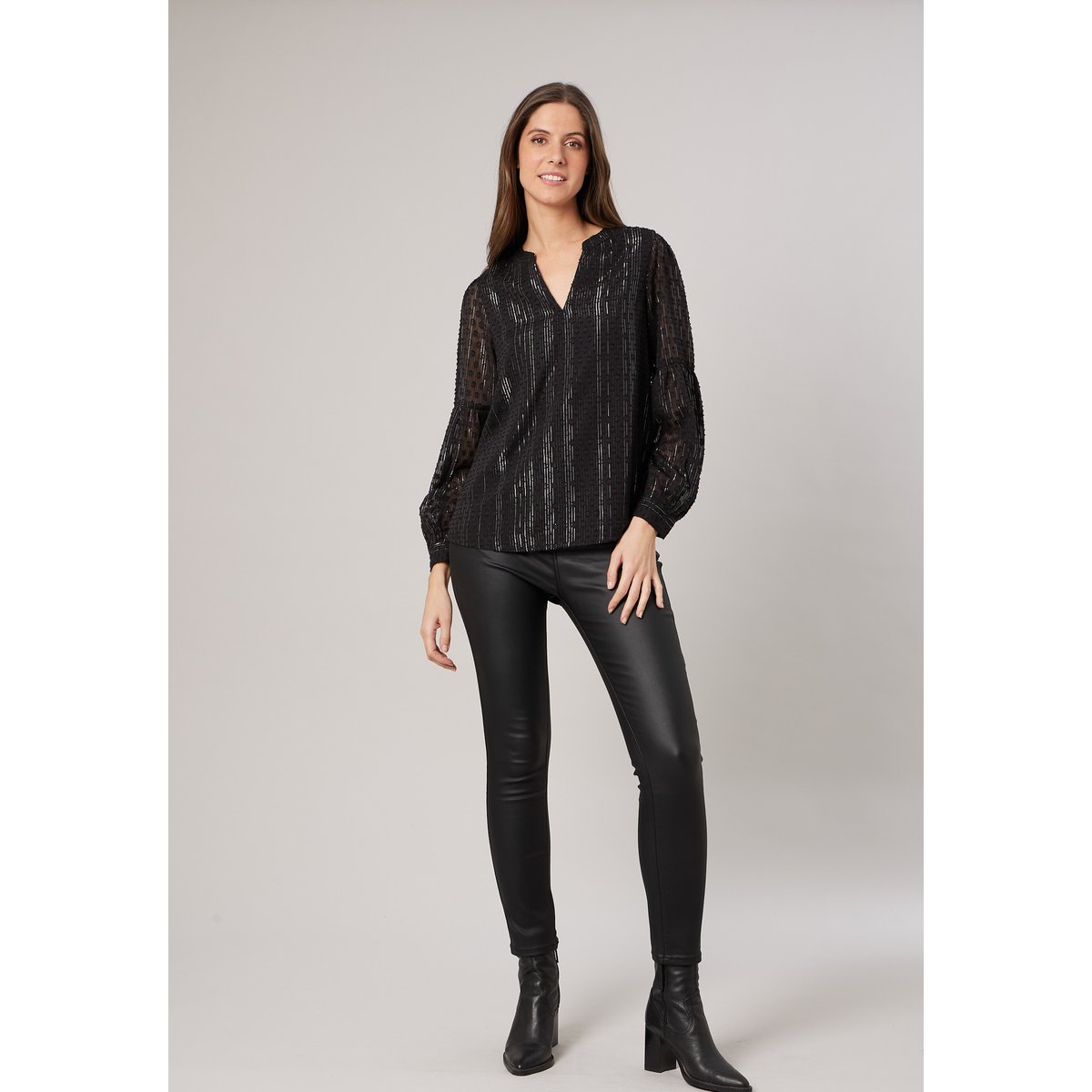 Blouse femme texturée à manches transparentes CONSTANZA noir, DEELUXE