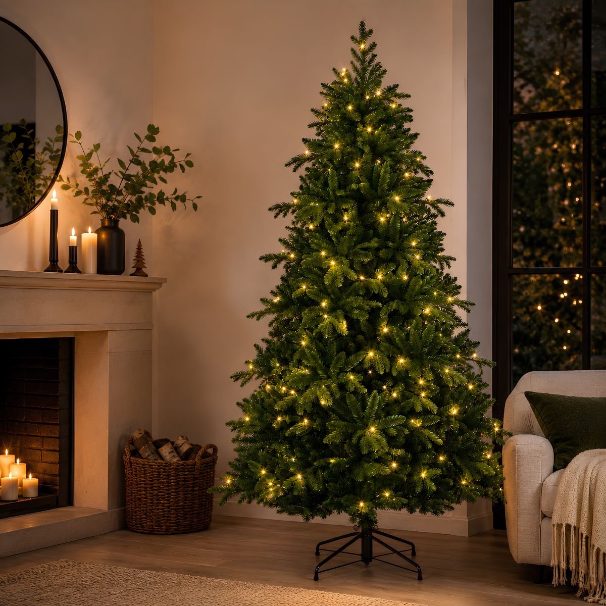 Sapin de Noël artificiel étroit avec LED H185 cm BRAMPTON vert, BLACK BOX TREES
