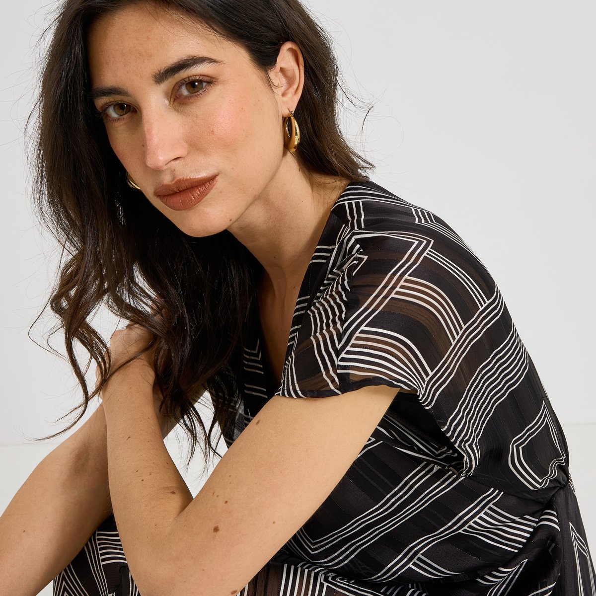 Robe longue habillée imprimé géométrique noir, GRAIN DE MALICE