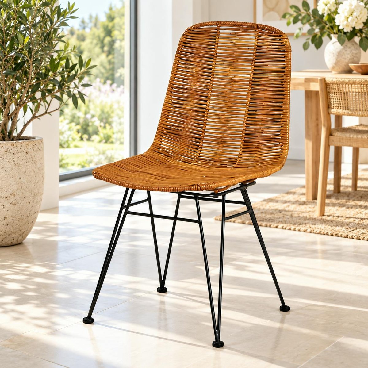 Chaise en rotin naturel pieds métal noir (lot de 2) CANADA bois naturel, PIER IMPORT