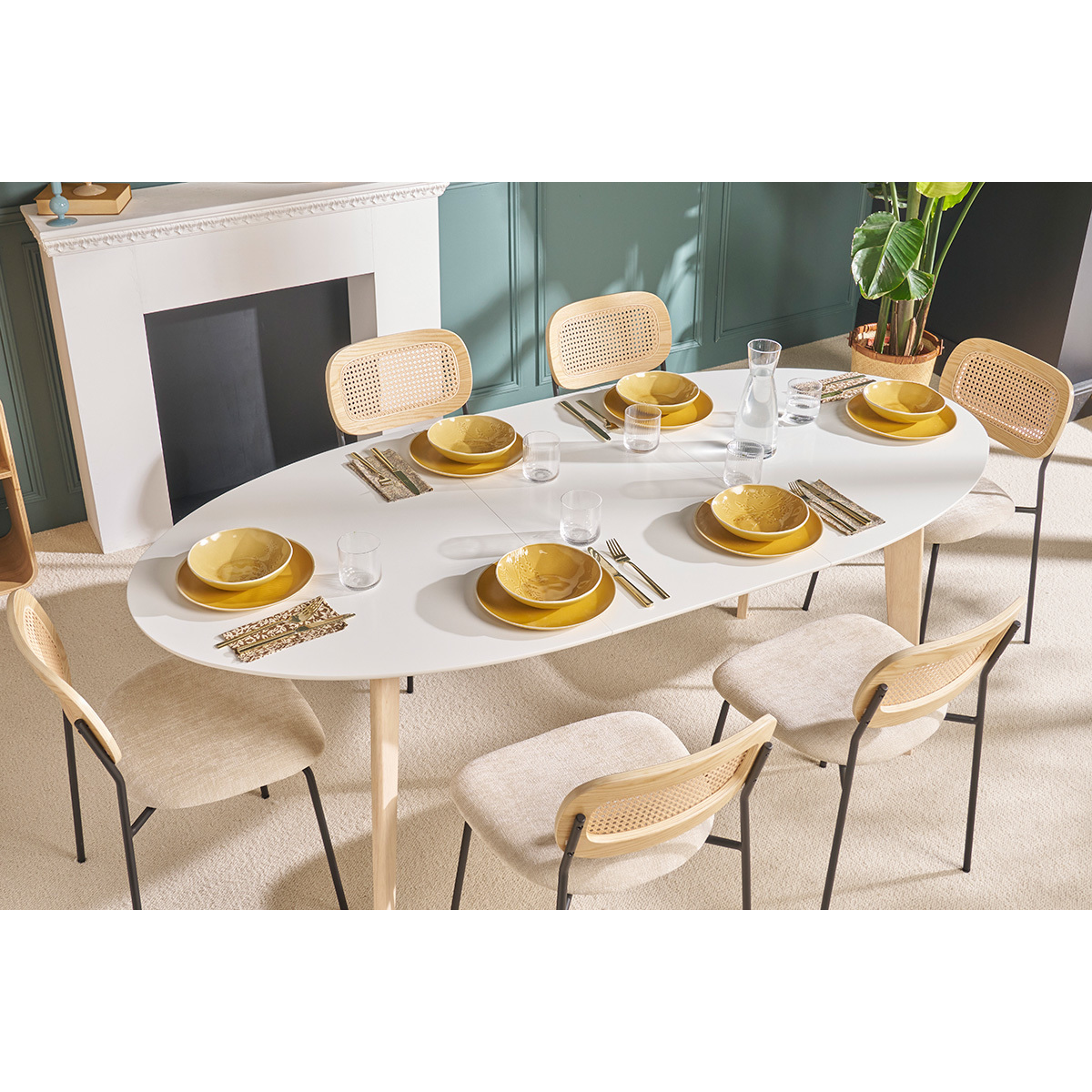 Table à manger extensible ovale blanche et bois clair L150-200 cm LEENA blanc, MILIBOO