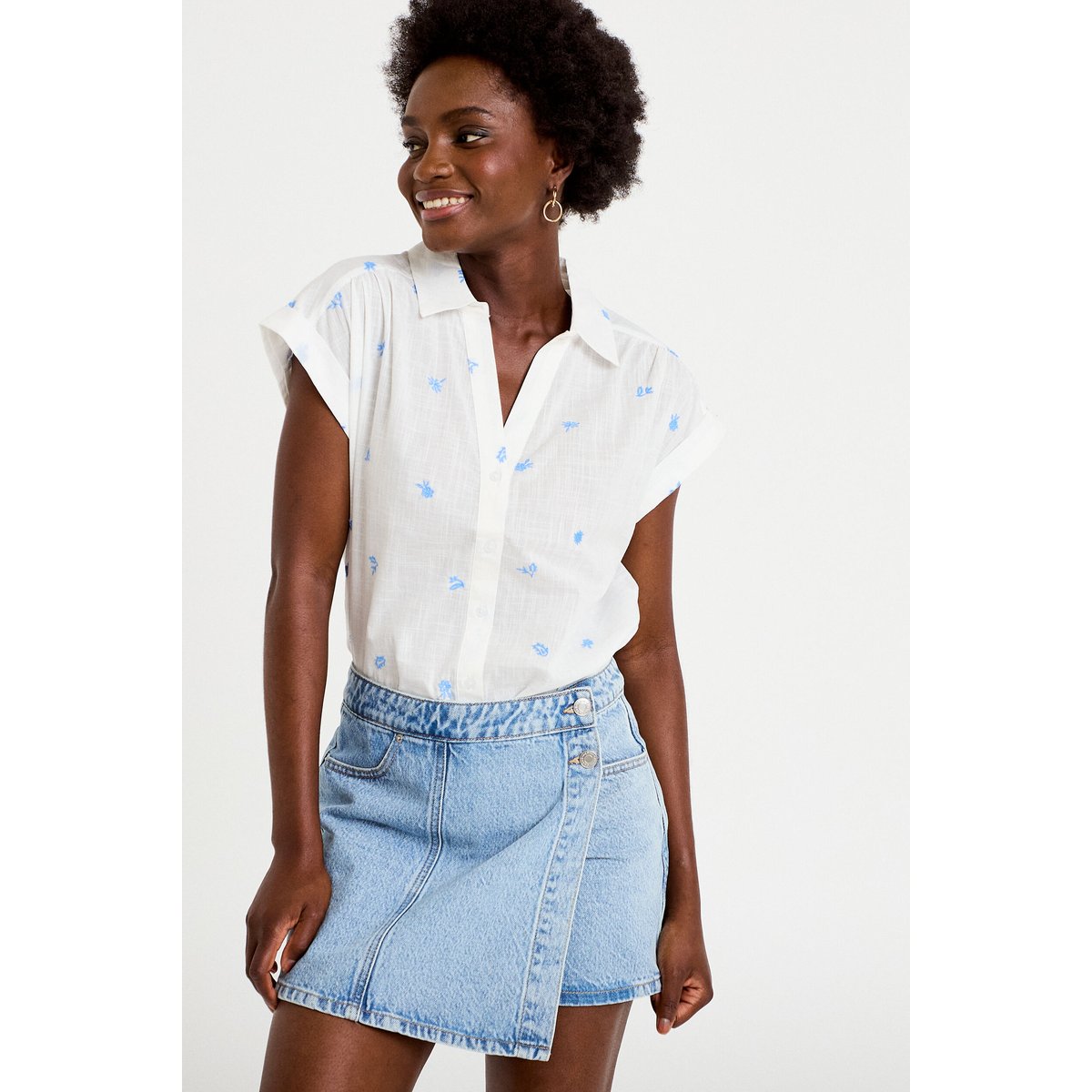 Jupe-short trapèze en jean denim triple stone, CACHE CACHE