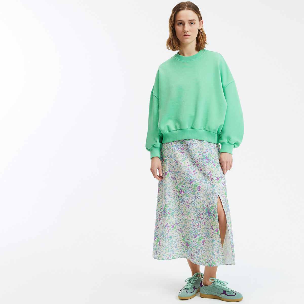 Sweat ample et court, col rond vert, LA REDOUTE COLLECTIONS
