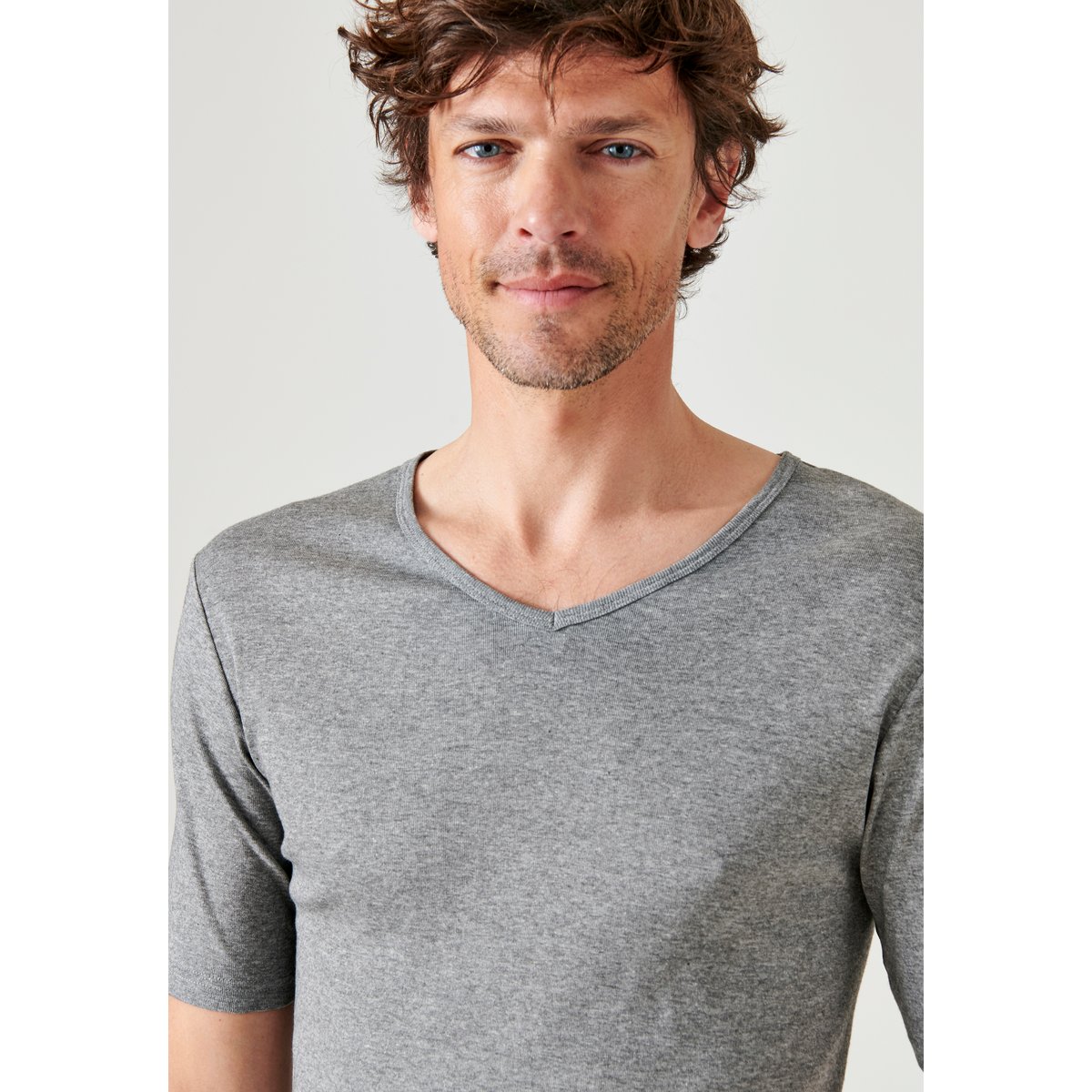 Lot de 2 t-shirts col V, pur coton peigné gris chiné, DAMART