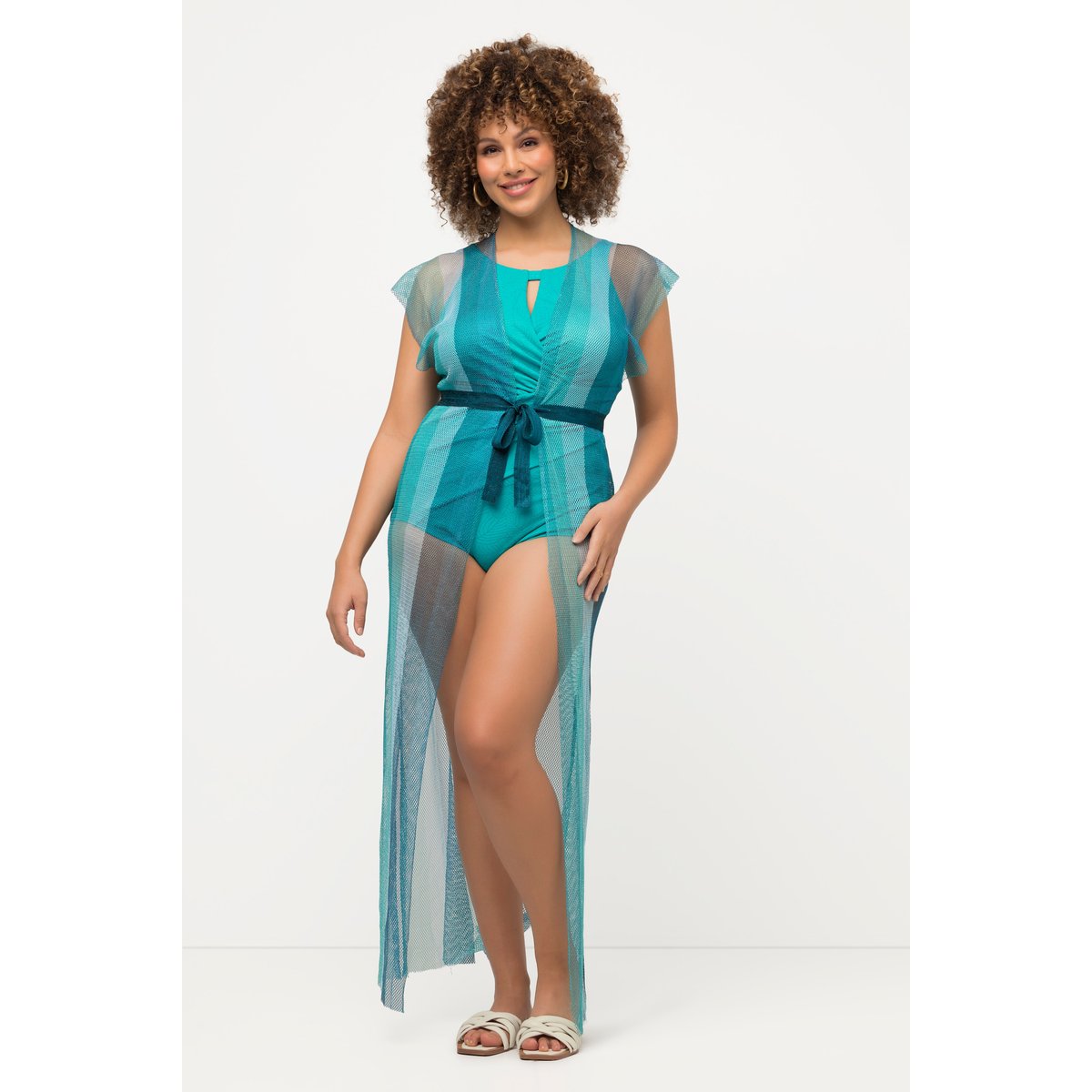 Caftan en tulle chatoyant à rayures. Coupe bleu turquoise, ULLA POPKEN