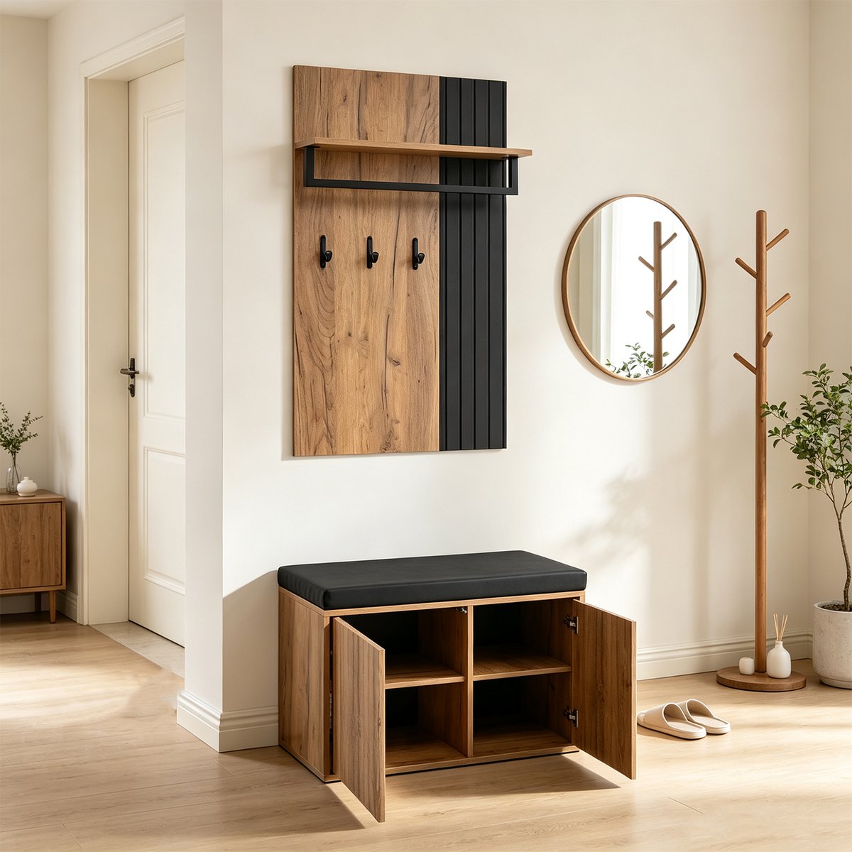 Vestiaire d'entrée avec banc et rangement, PORTERAA noir, MEUBLES COSY