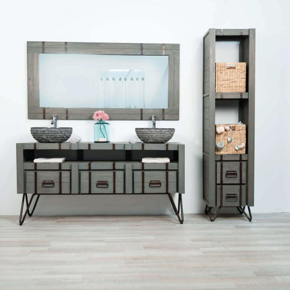 Meuble double de en métal et mindi rectangle 160 cm LOFT gris, WANDA COLLECTION