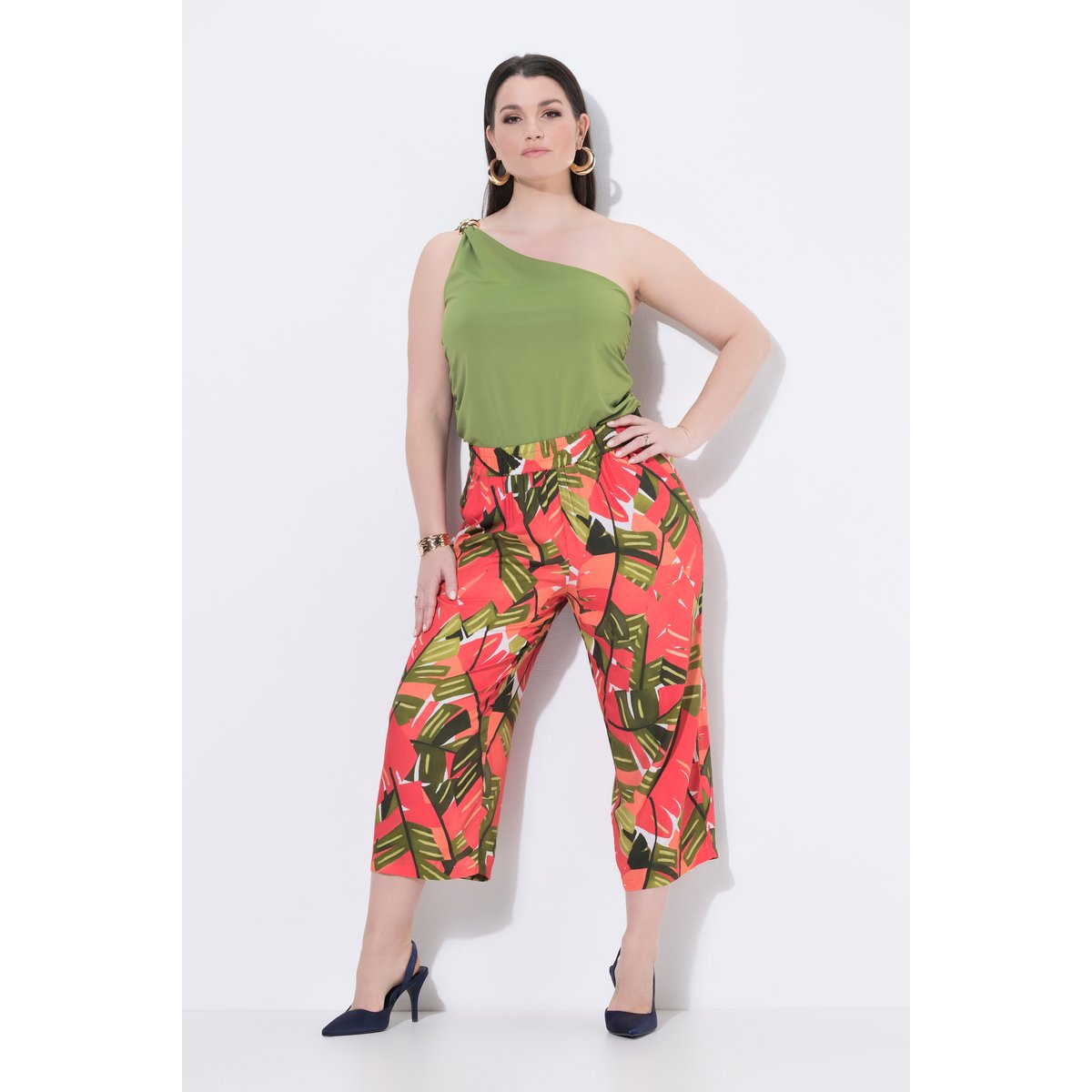 Pantacourt, palmiers, jambe large rose vif, ULLA POPKEN