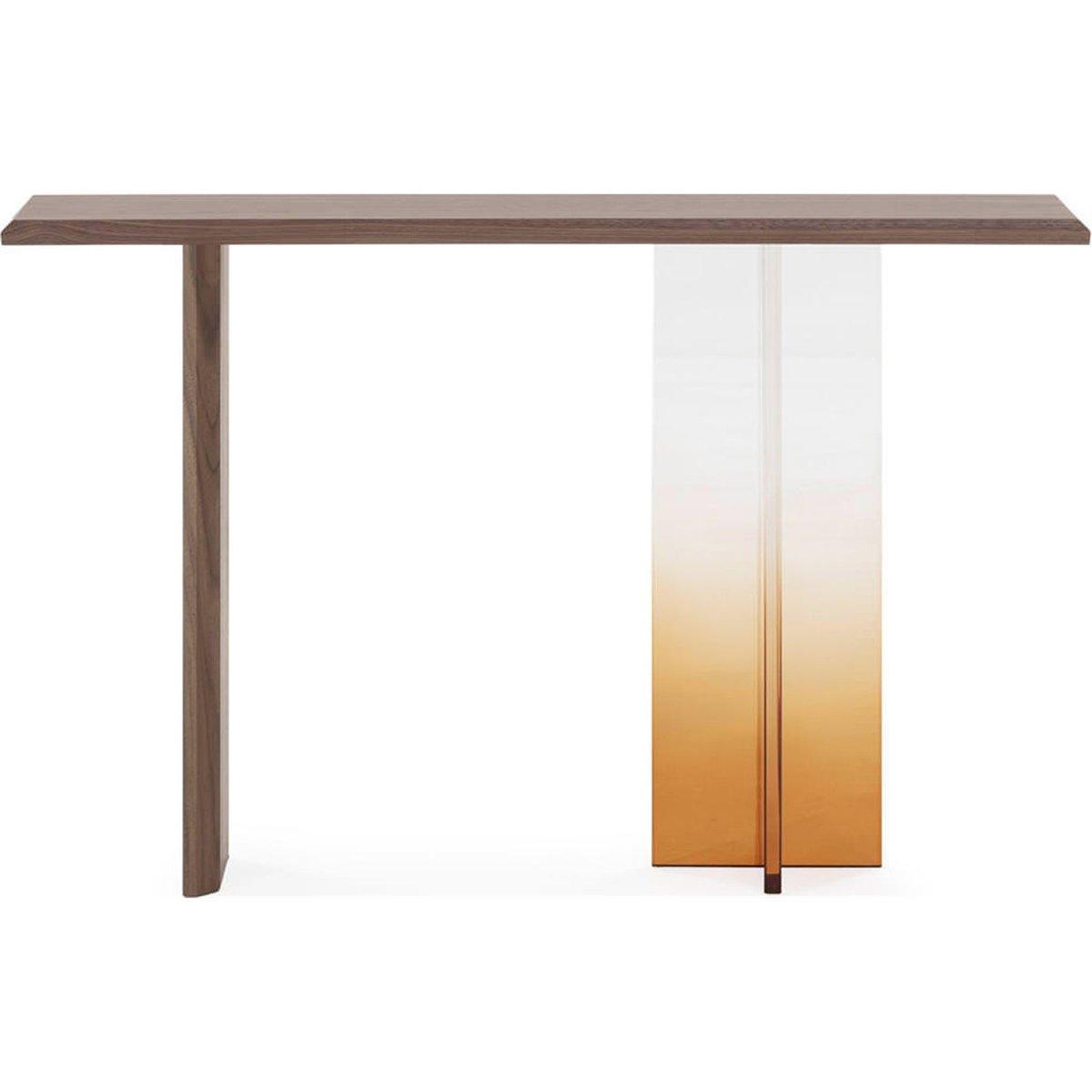 Console en noyer et méthacrylate noyer, transparent et ambre, RECOLLECTION