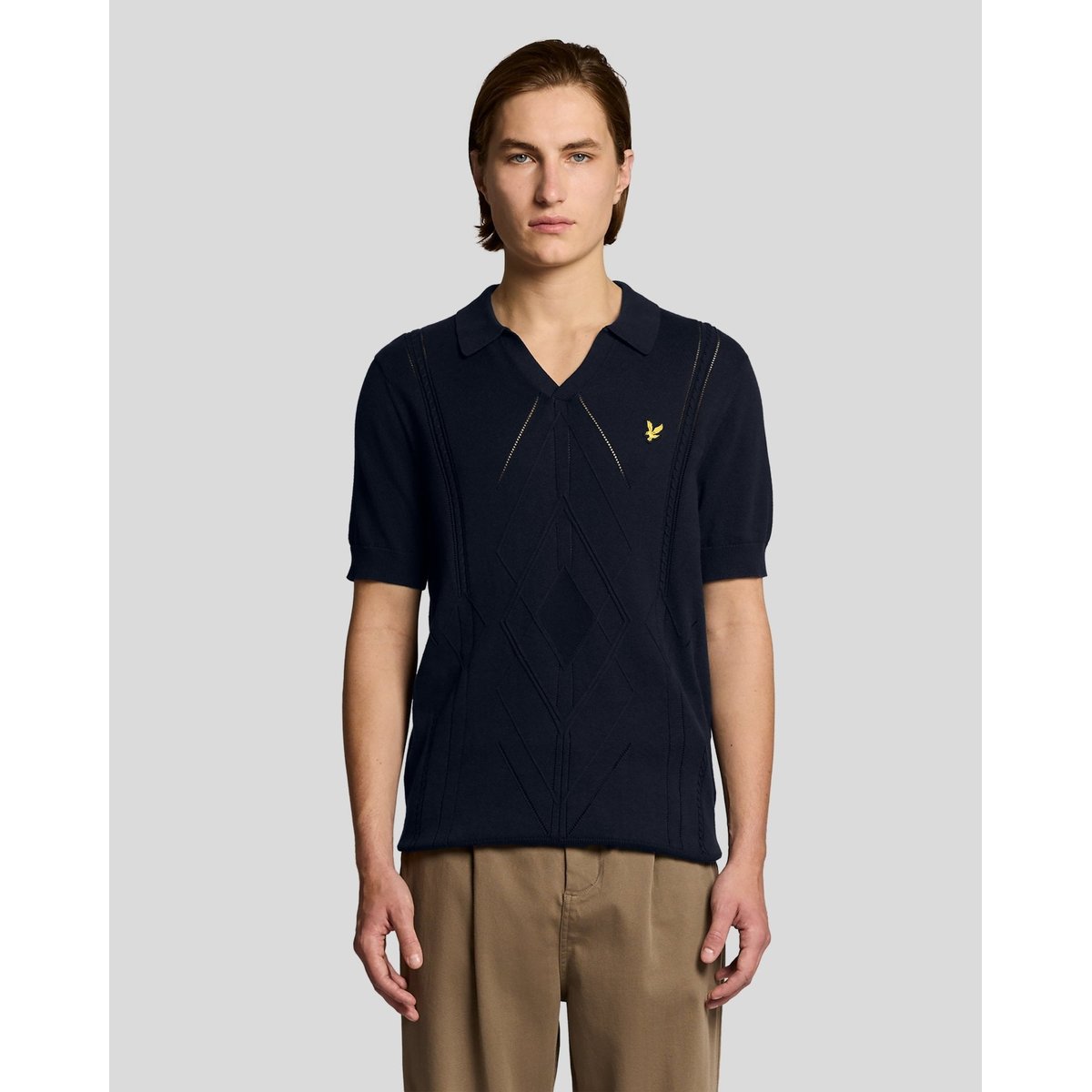 Polo col ouvert à losanges en maille bleu foncé marine, LYLE & SCOTT