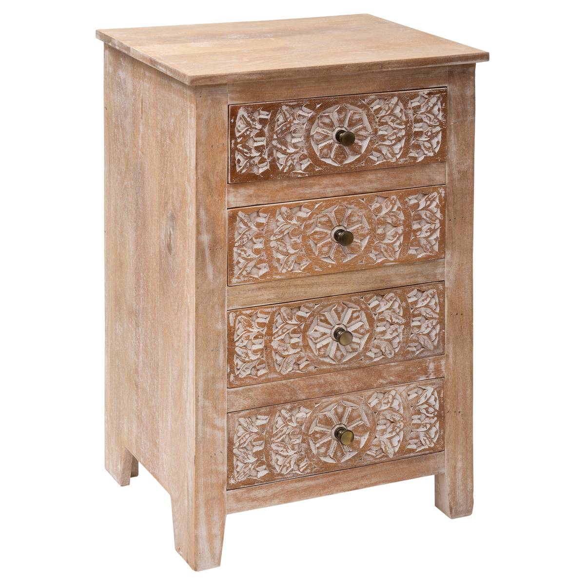 Commode chiffonnier 4 tiroirs bois de manguier sculpté main SHIREL beige, ATMOSPHERA