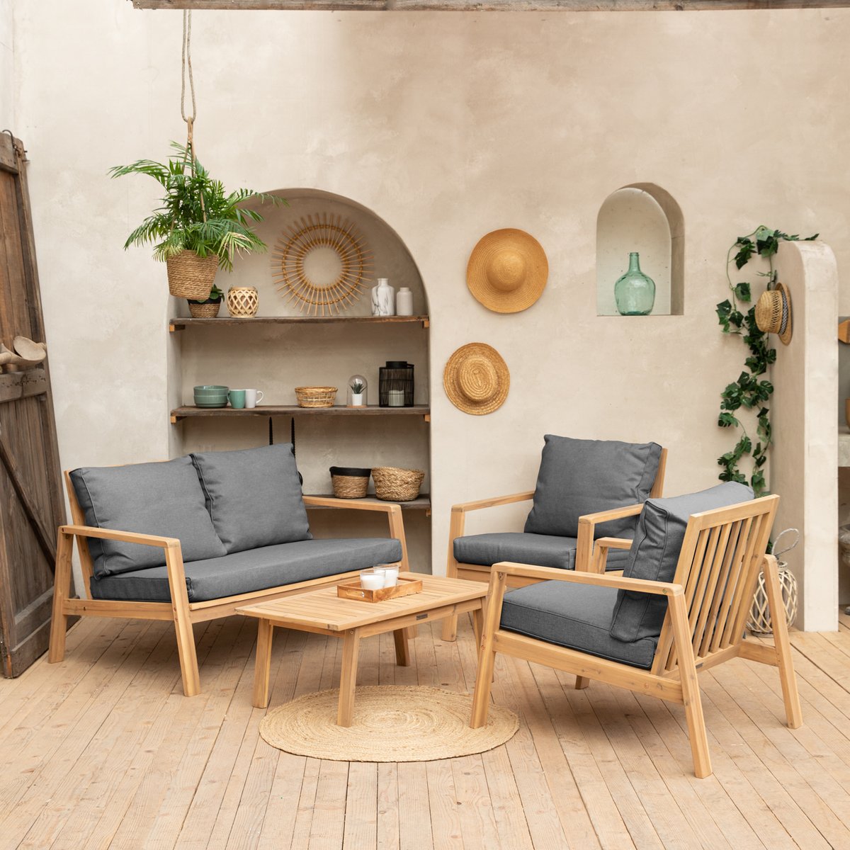 Salon de jardin en acacia, 4 pl, GILI gris, naturel, HAPPY GARDEN