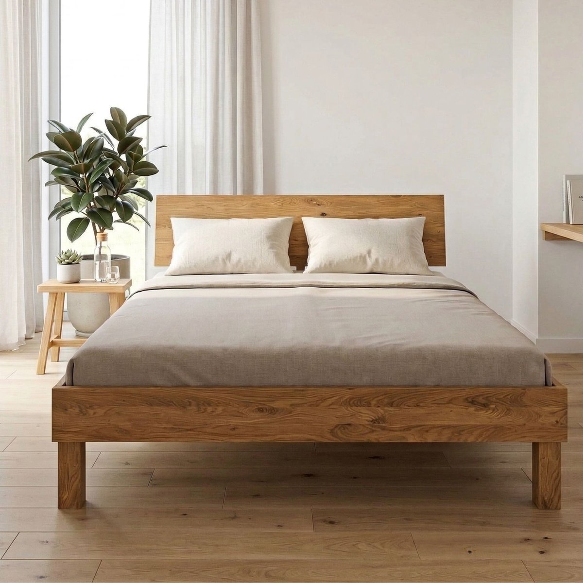 Lit avec pieds carrés et tête de lit intégrée bois naturel, TERRE DE NUIT