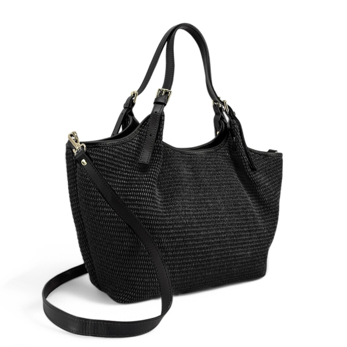 Sac cabas en cuir grainé et raphia IMPERIA noir, OH MY BAG