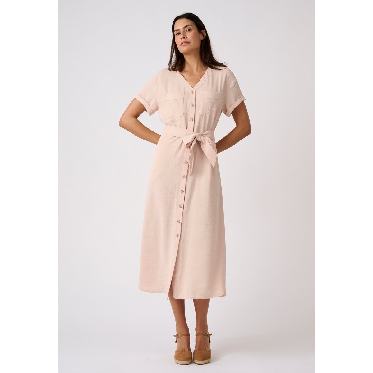 Robe-saharienne tissu crêpe marron beige, DAMART