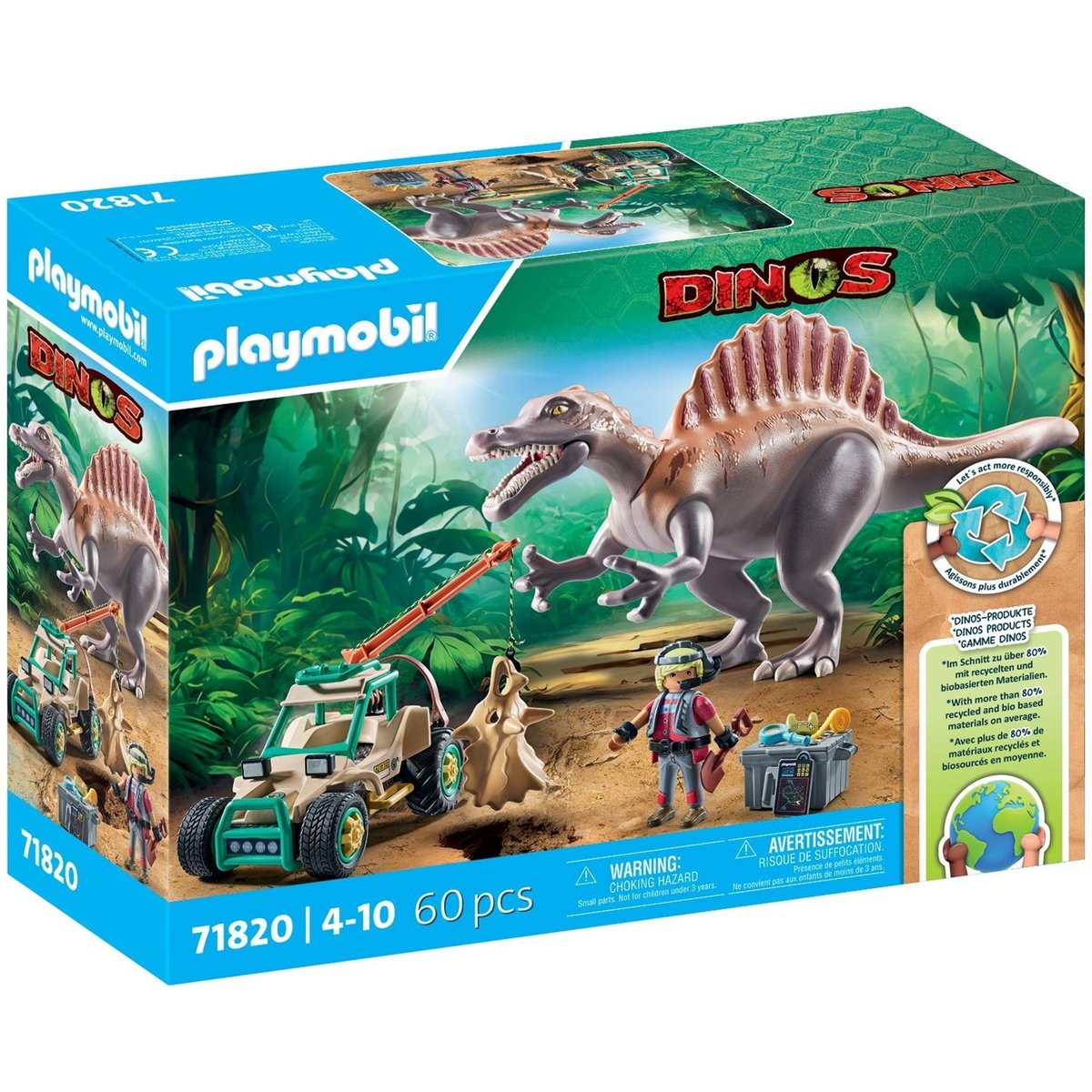 Spinosaure, chercheur et véhicule à grue pivotante multicolore, PLAYMOBIL