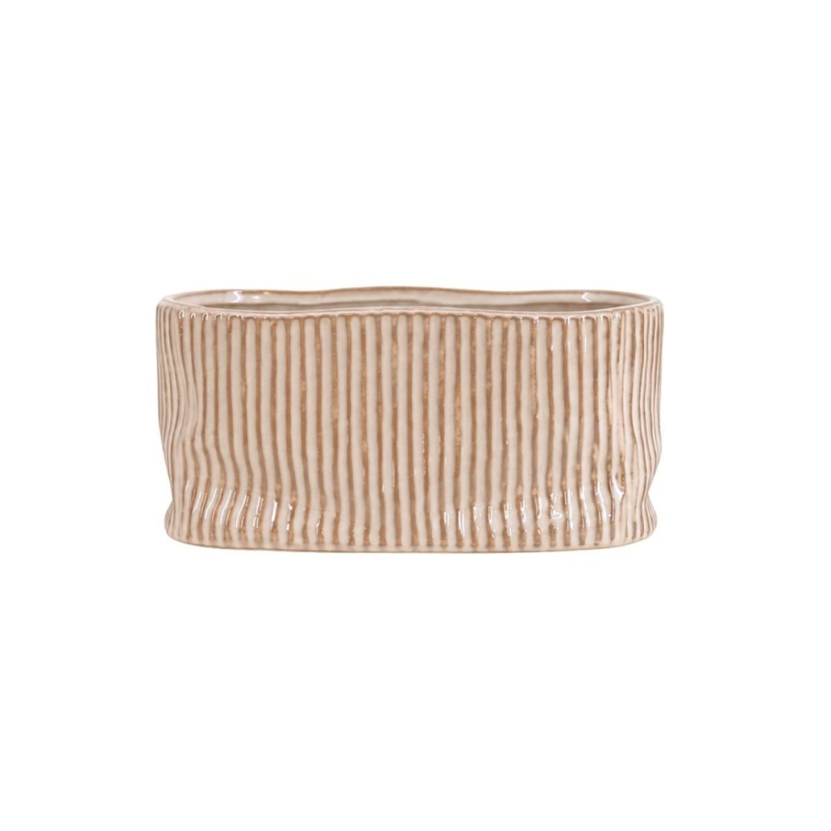 Cache-pot ovale en céramique striée 26x15cm marron, ORNAMI