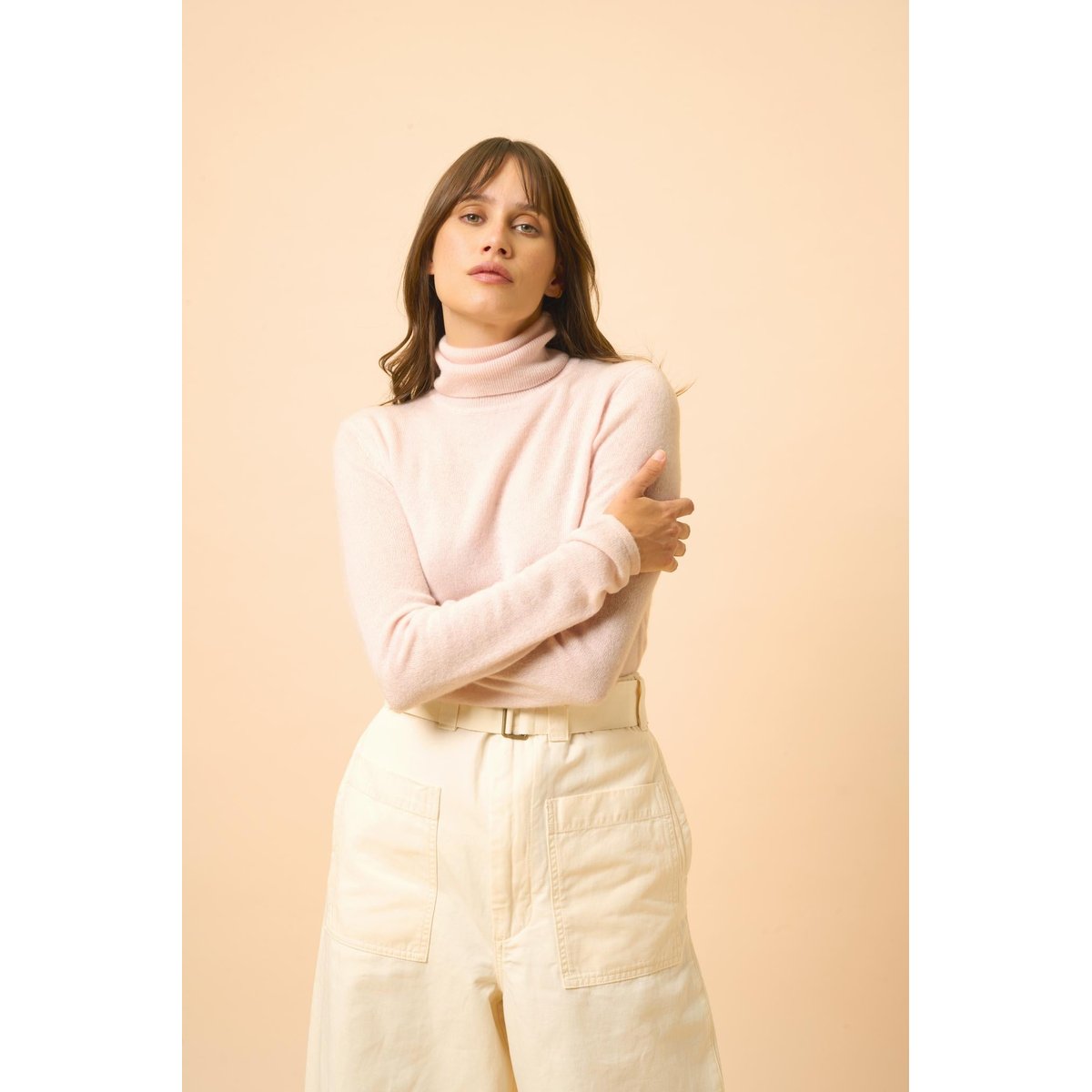 Pull Col Roulé Poudre Ava rose clair, JUST CASHMERE
