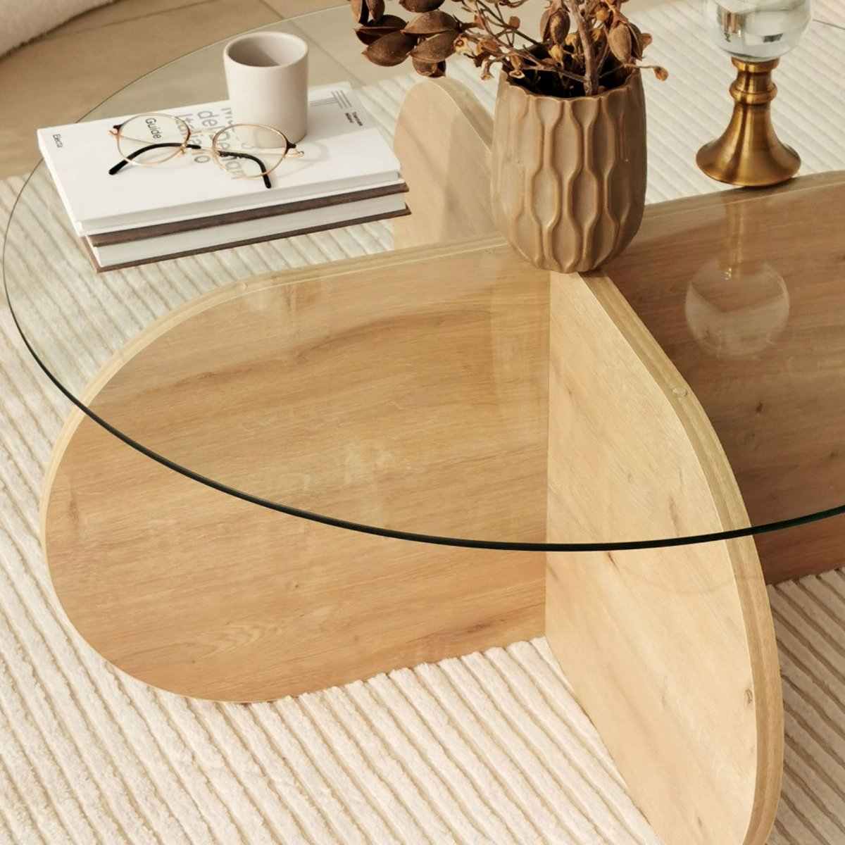 Table basse ronde en verre trempé et bois  75cm- BULLY I bois clair, DRAWER