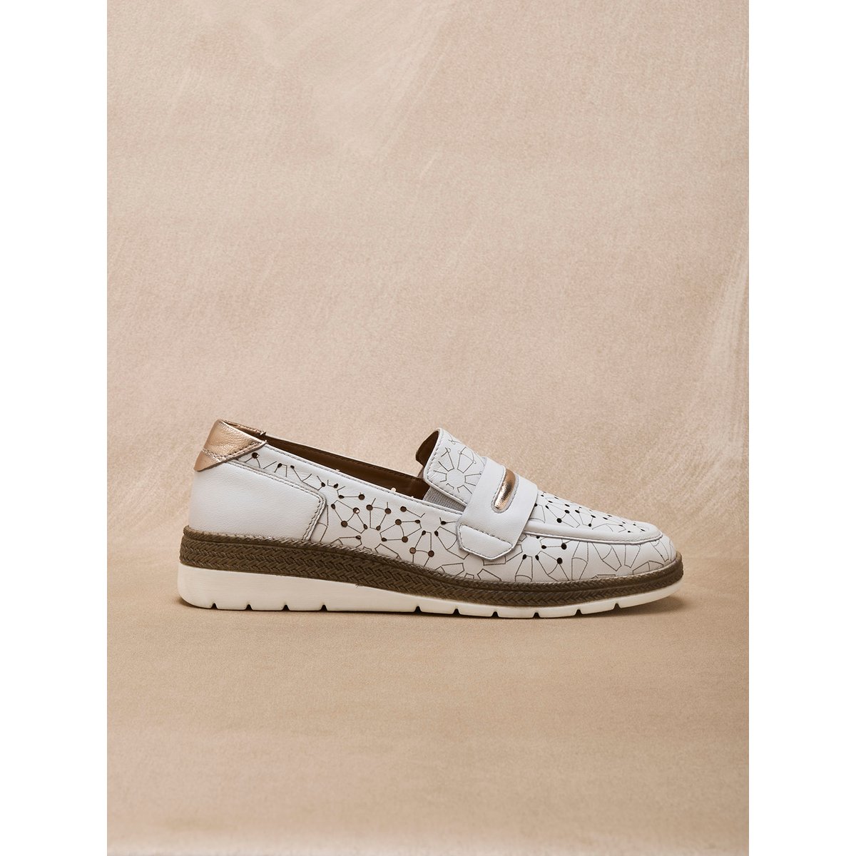 Mocassins cuir avec élastiques d'aisance blanc imprimé, PEDICONFORT