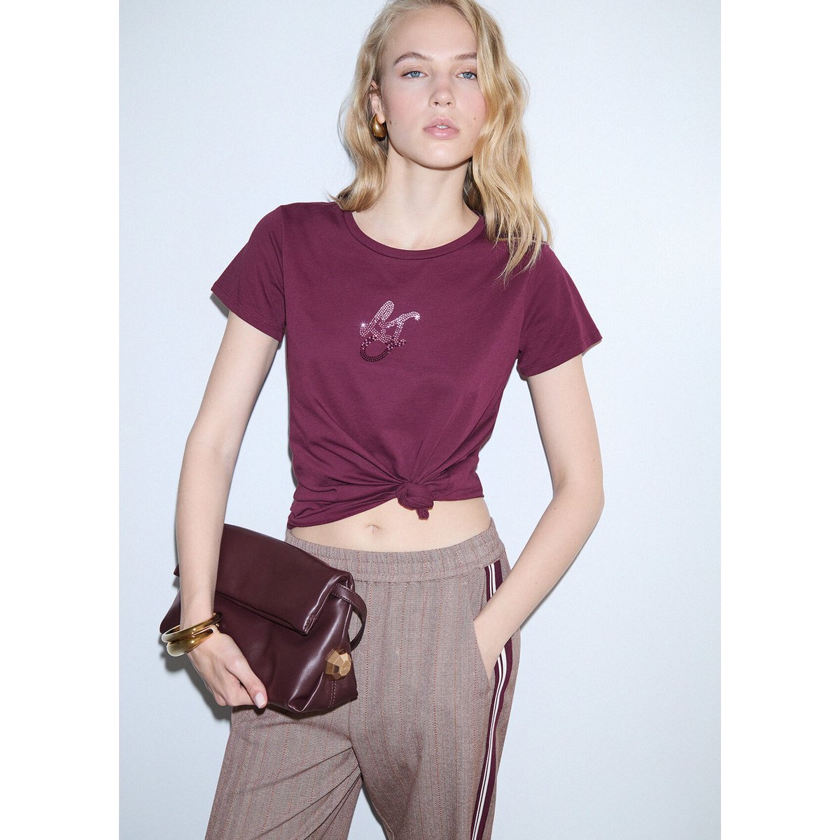 T-shirt avec logo et strass aubergine, LIU JO