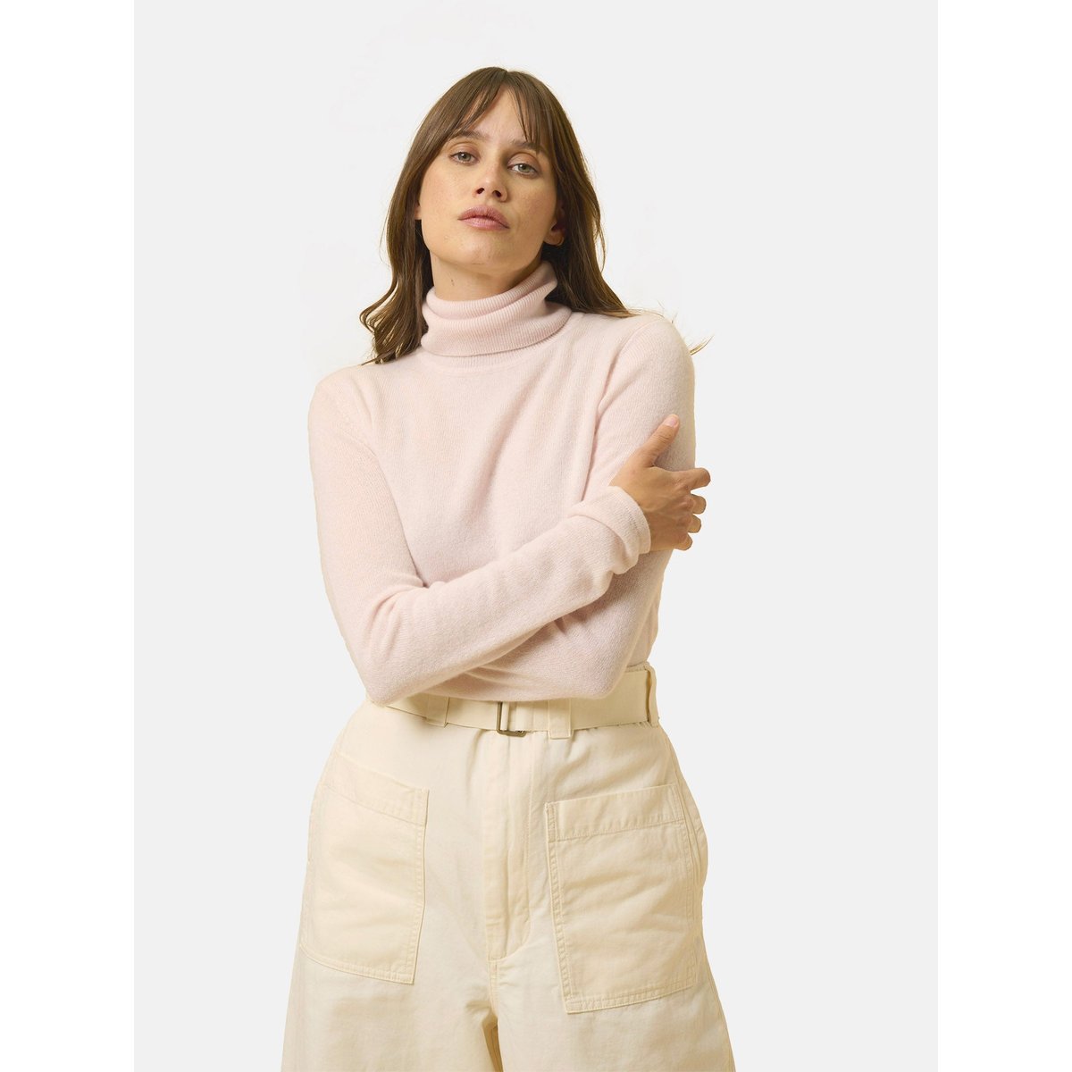 Pull Col Roulé Poudre Ava rose clair, JUST CASHMERE