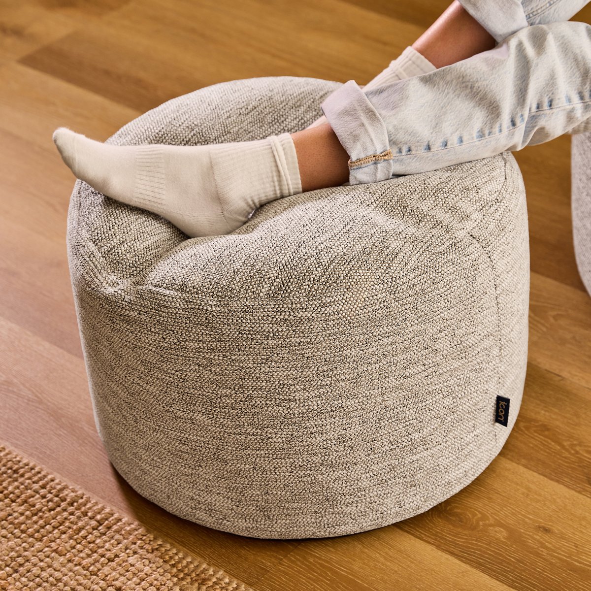 Pouf repose-pieds rond en tissu tissé Oeko-Tex® - MILANO naturel beige, ICON
