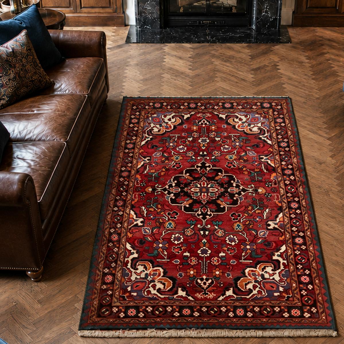 Tapis d'orient, motif oriental noué main en laine, HAMADAN 9 rouge, bleu, noir, UN AMOUR DE TAPIS