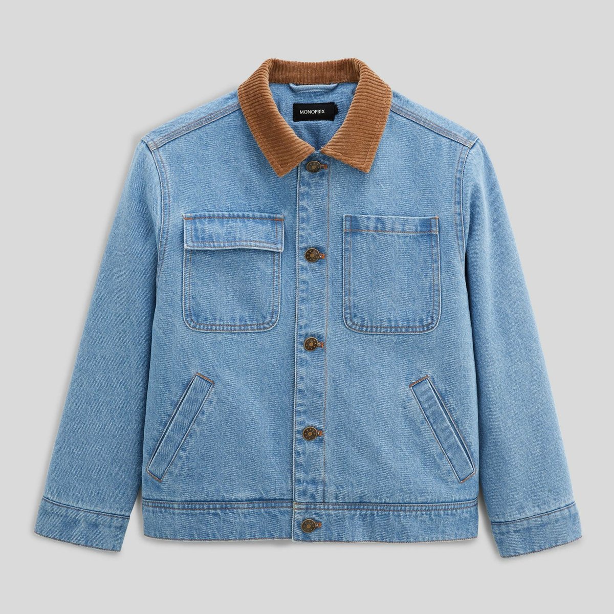 Veste col velours en jean doublée sherpa stone denim, MONOPRIX