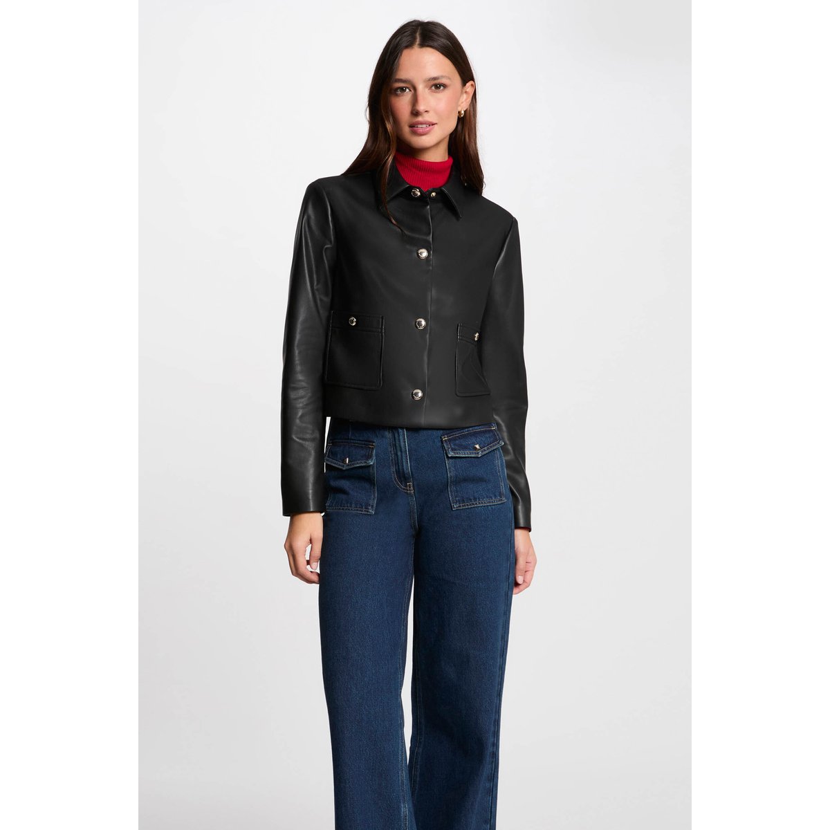 Blouson court simili cuir noir, MORGAN
