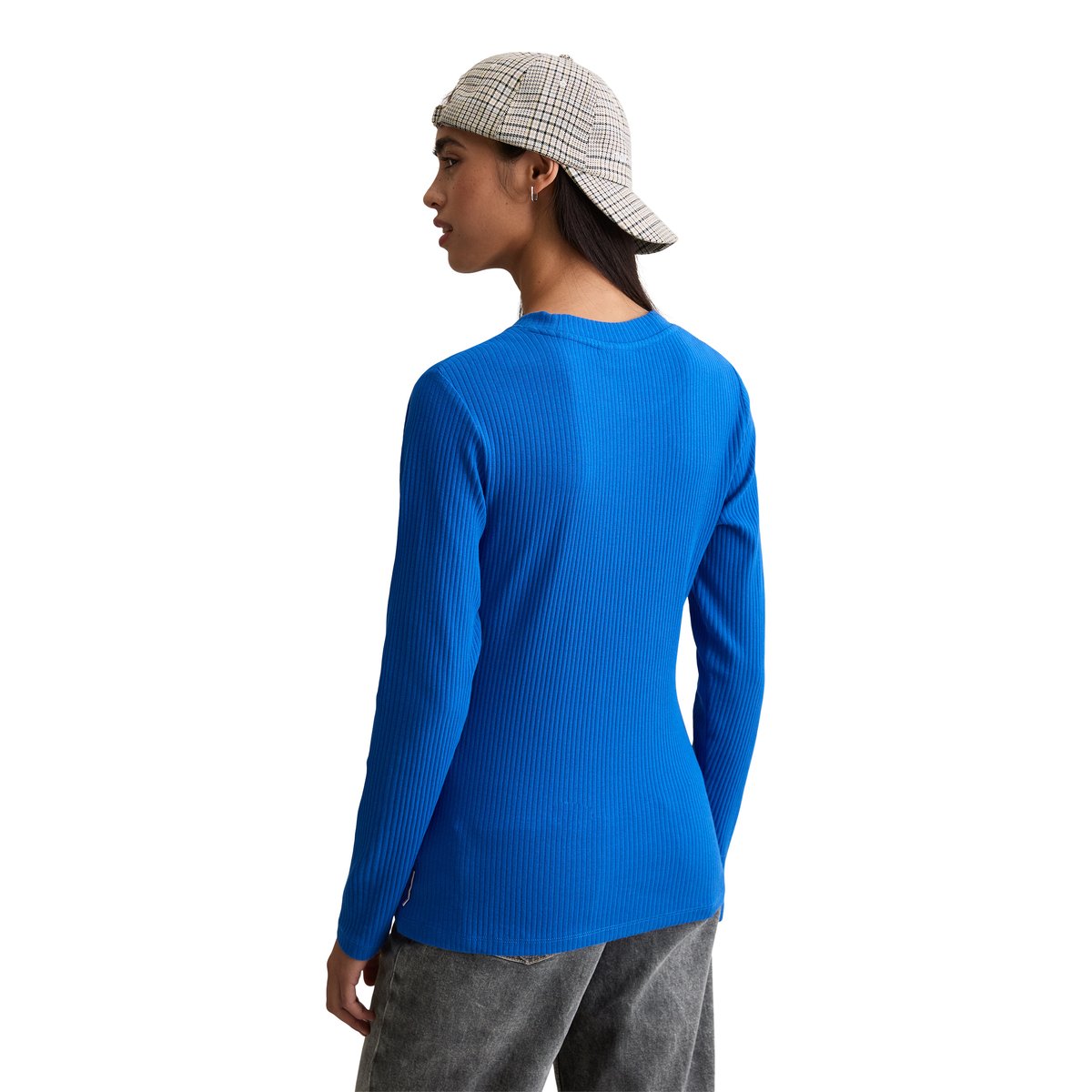 T-shirt long slim en jersey côtelé bleu moyen, MARC O’POLO DENIM
