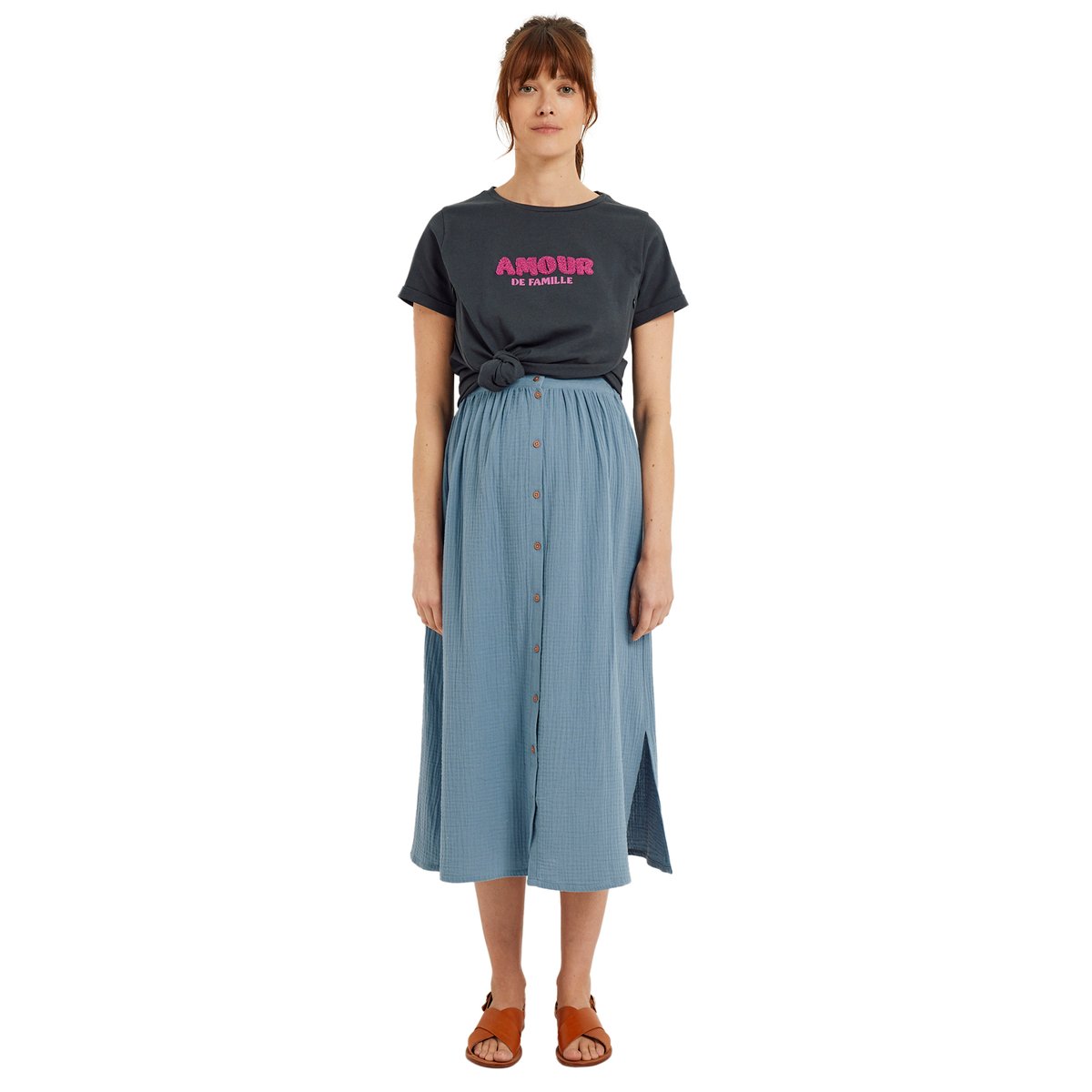 Tee-shirt grossesse et allaitement à message en coton bio gris fonce uni avec decor, VERTBAUDET