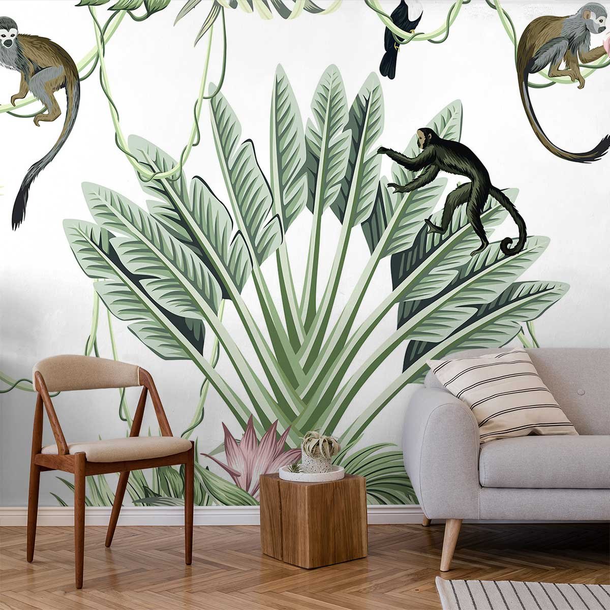 Papier peint panoramique singes et flamants tropicaux intissé, HEXOA