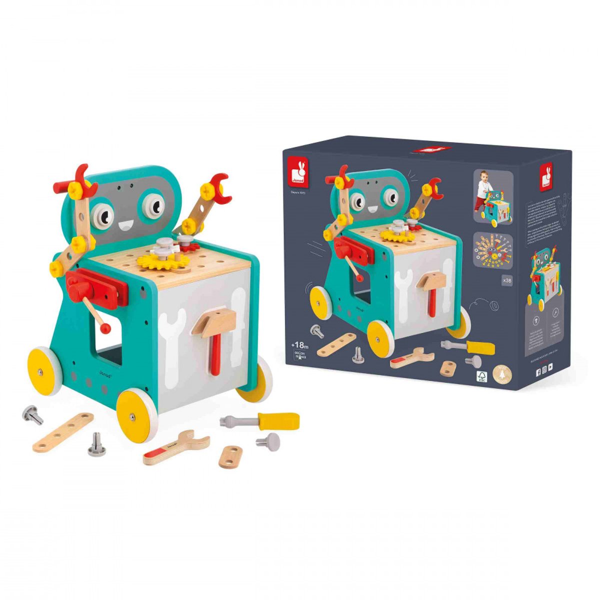 Chariot En Bois Robot multicolore, JANOD