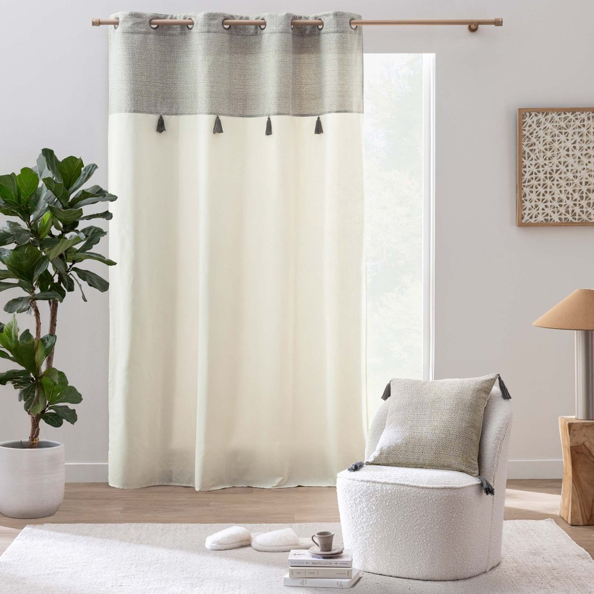 Rideau à œillets polycoton top métallisé texturé avec pompons naturel, DOUCEUR D'INTÉRIEUR
