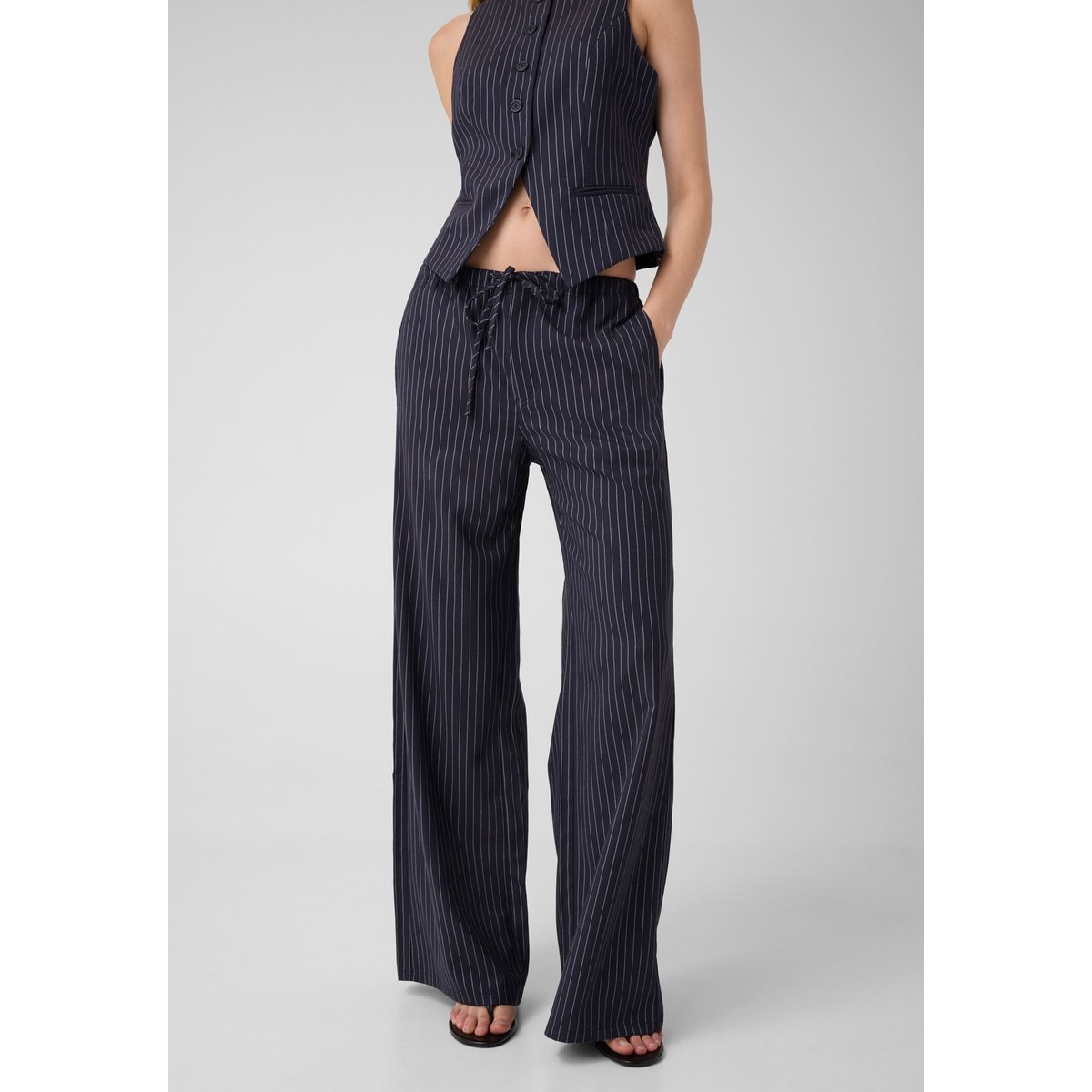 Pantalon À Fines Rayures Wide-Leg bleu foncé, GUESS