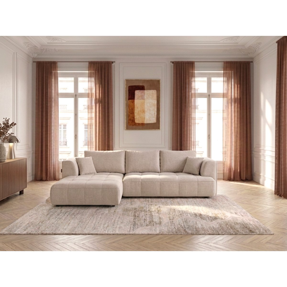 Canapé droit convertible 3 places en tissu lisse, CLOVIS beige, BOBOCHIC