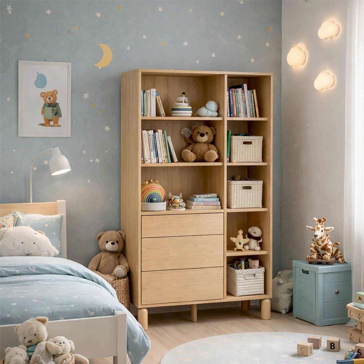 Bibliothèque SANDEN en bois avec tiroirs décor chêne bookmatch, RECOLLECTION
