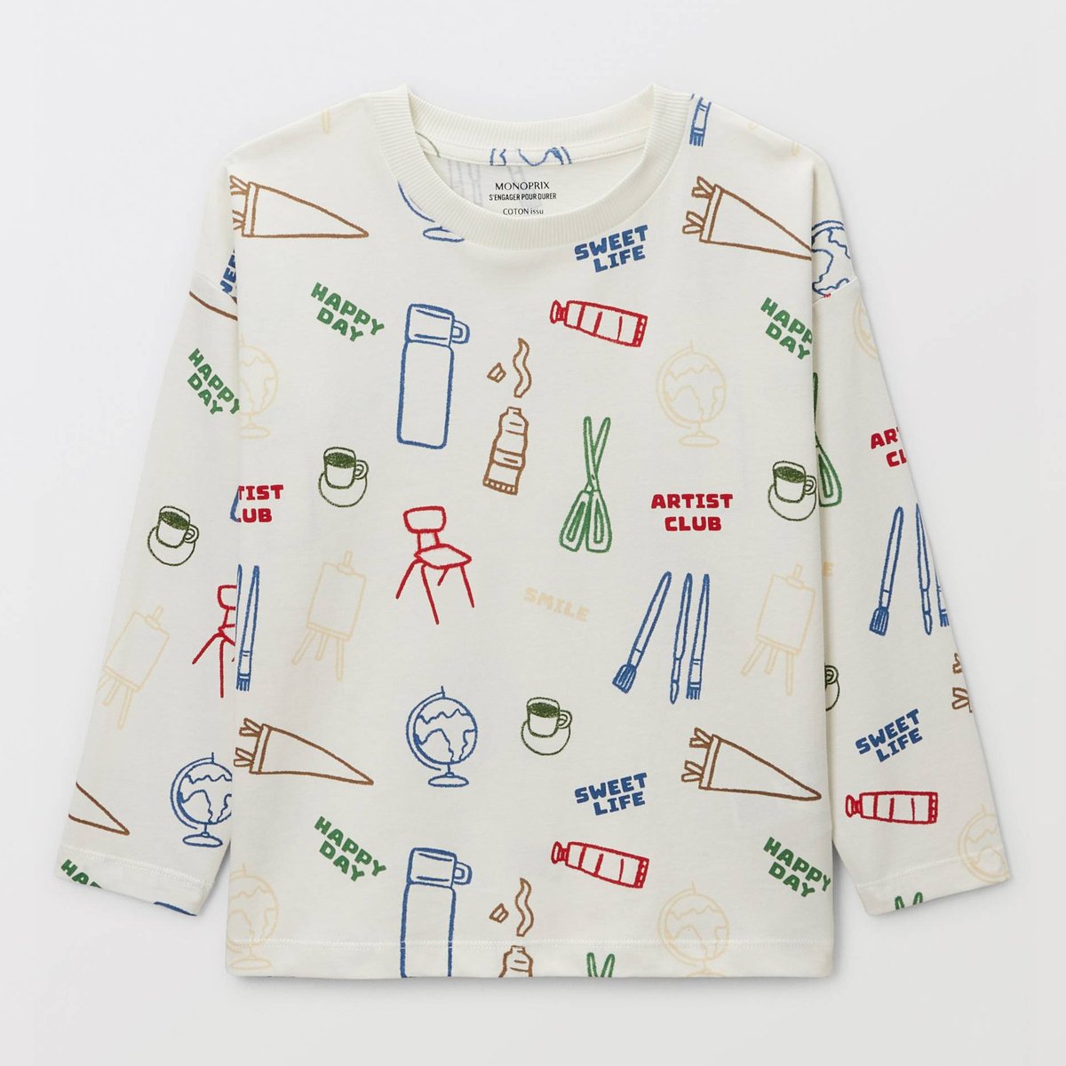 T-Shirt manches longues imprimé en coton BIO GOTS naturel, MONOPRIX