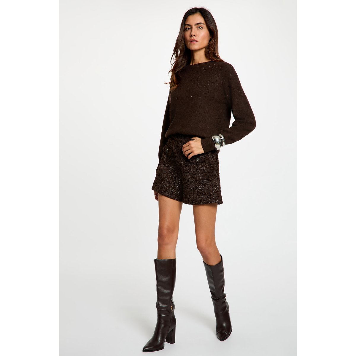 Short tweed taille haute marron foncé, MORGAN