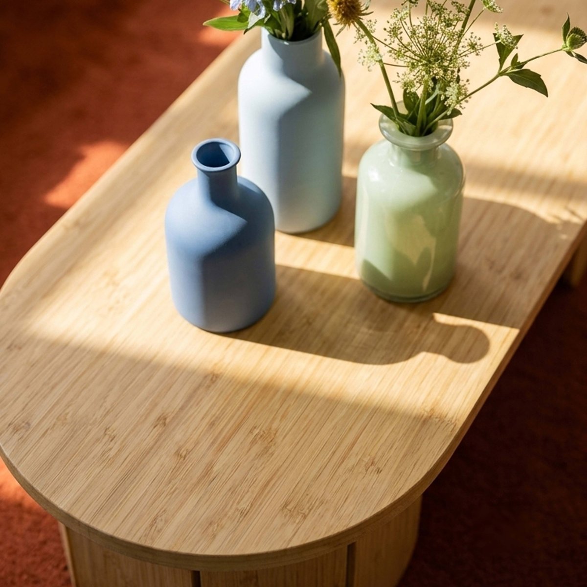Table basse effet bois ovale 110x50 cm, MOLLY beige, OVIALA