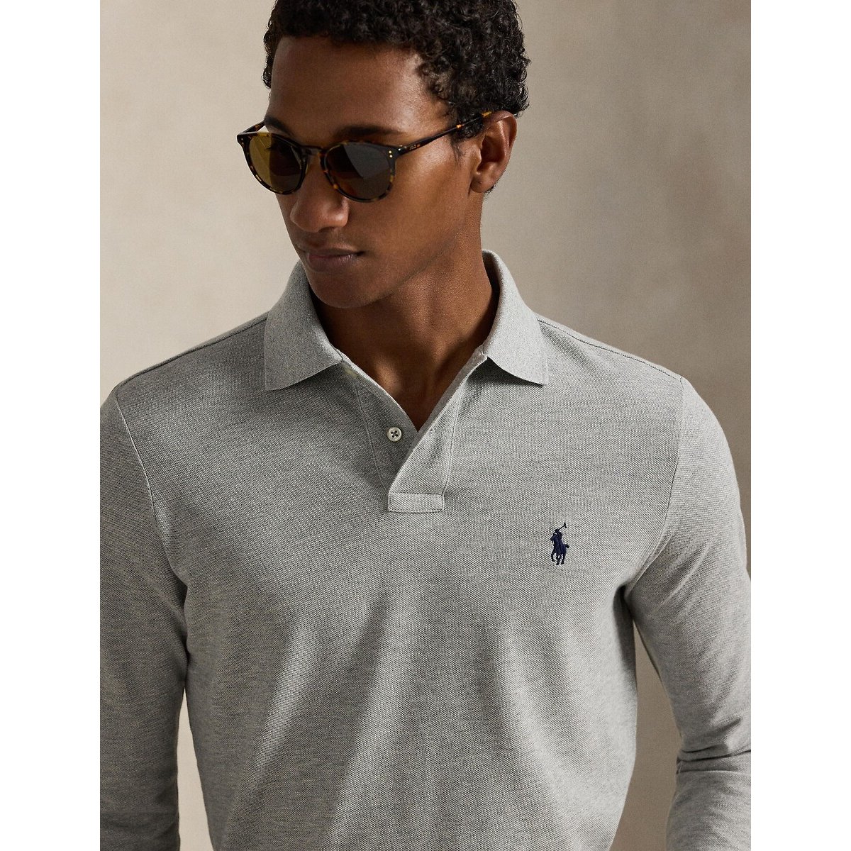 Polo taglio aderente in piqué grigio, POLO RALPH LAUREN