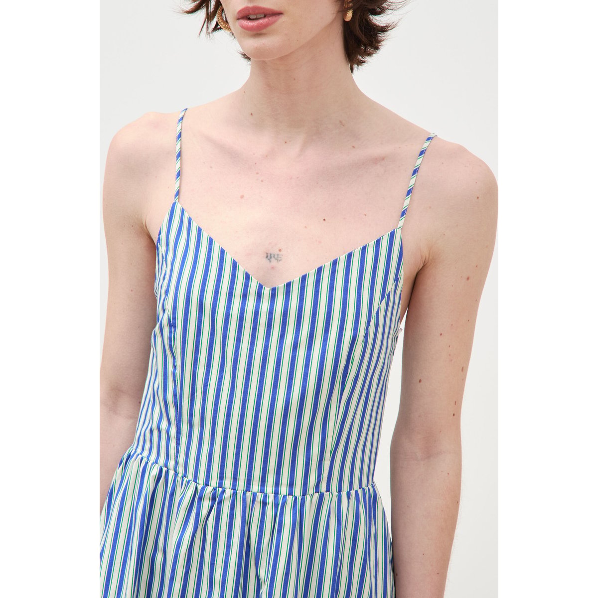 Robe bretelle col cœur en coton bleu clair, BONOBO