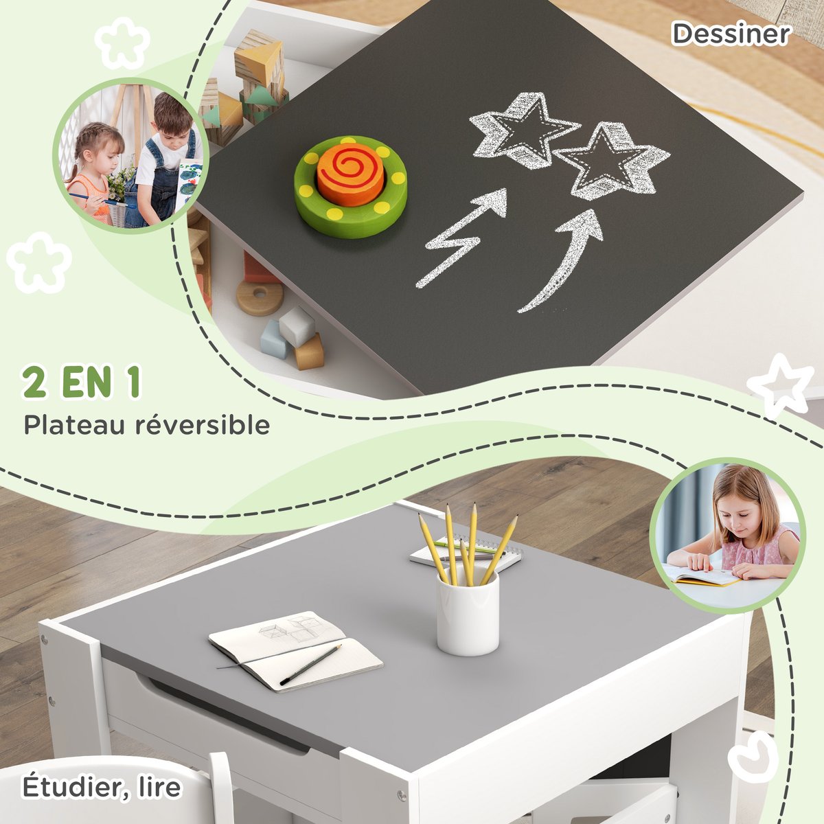 Ensemble table et chaises pour enfants MDF gris, HOMCOM