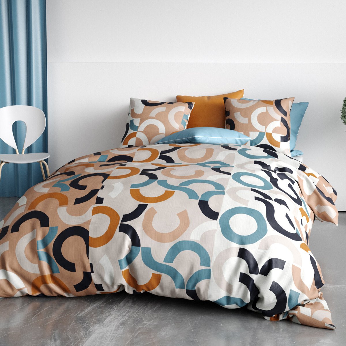 Parure housse de couette coton 57fils, igor bleu, ATELIER DU COTON