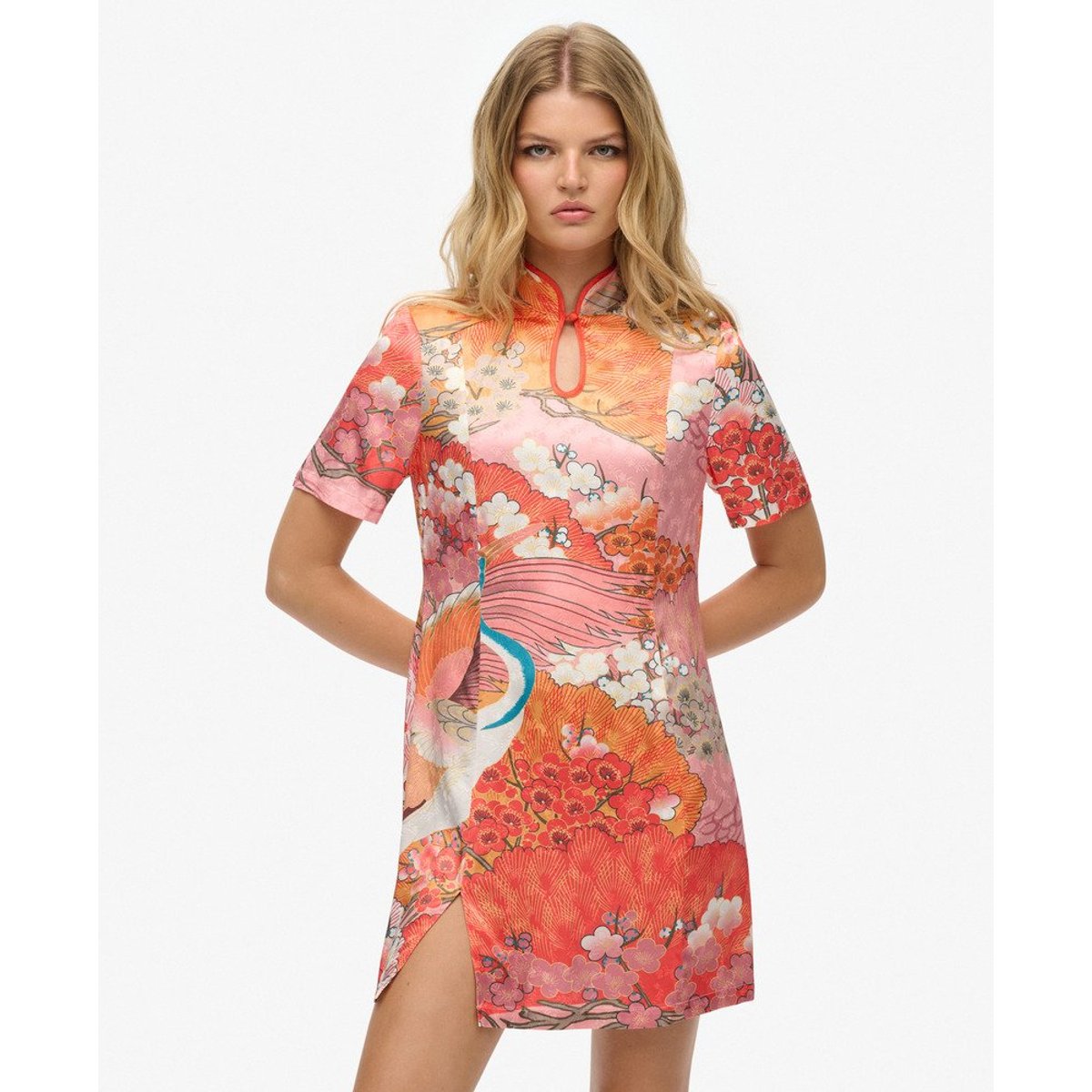 Robe courte en jacquard à col Mao corail kam, SUPERDRY